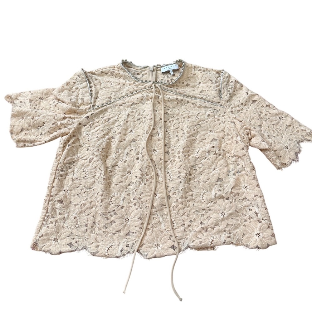 Sandro Paris Floral Lace Rhinestone Trim Short Sleeve Top Beige E11399H-536